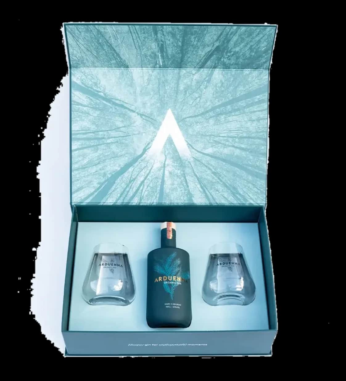 Coffret cadeau Arduenna ouvert : la bouteille de gin et ses deux verres gravés